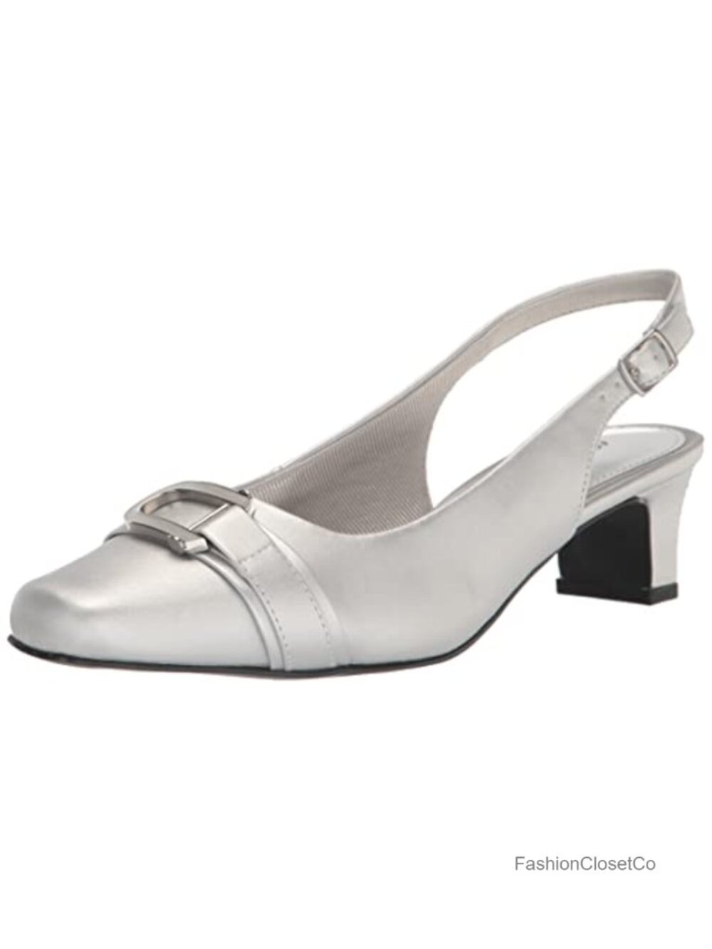 Women's Square Toe Dress Pumps with Buckle - Easy Flex Outsole, Faux Leather,